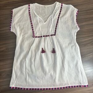 J.Crew White Gauze Top 100% Cotton Medium Tassel Tie Boho Short Sleeve Blouse